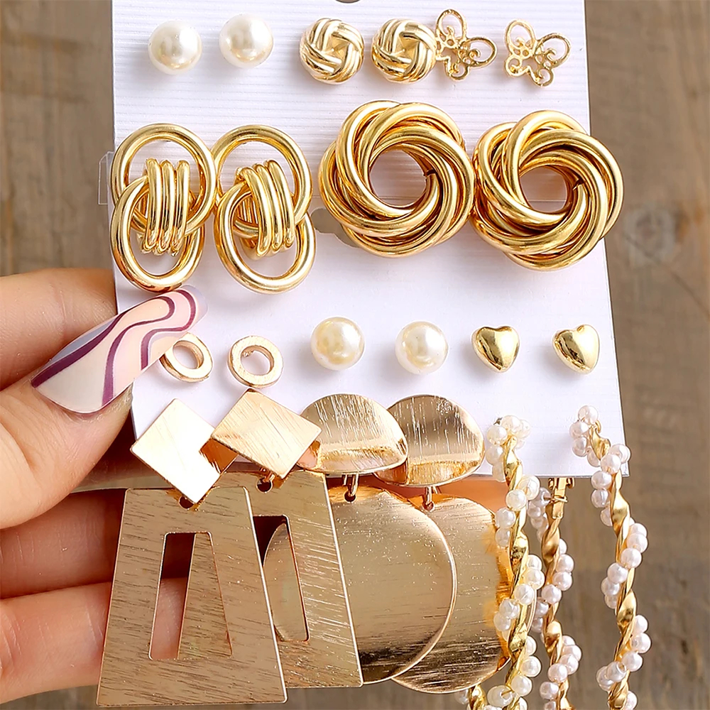 Orecchini a cerchio vintage con perle intrecciate in metallo color oro da 2 set/pacco per donne e ragazze, set di orecchini pendenti con nodo geometrico a forma di cuore