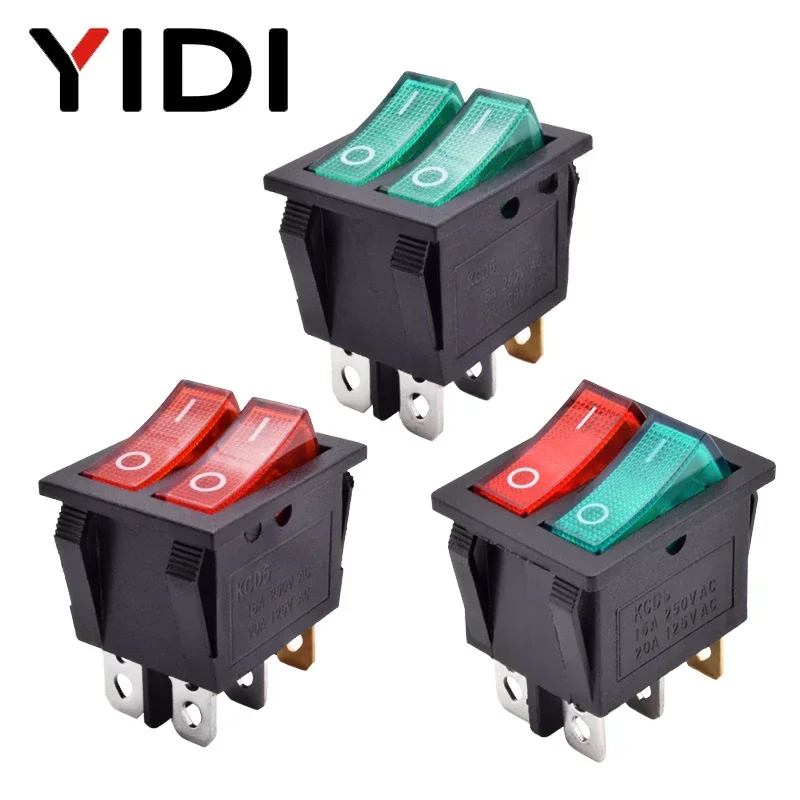 KCD6 interrupteur à bascule en plastique éclairé double bouton poussoir bateau 6 broches 12V 220V rouge vert lampe marche/arrêt interrupteur d'alimentation verrouillage 16A 250V