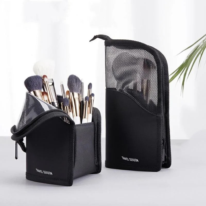 Bolsa de cosméticos con soporte para mujer, bolsa de maquillaje transparente con cremallera, organizador de brochas de maquillaje de viaje, bolsa de aseo, 1 ud.