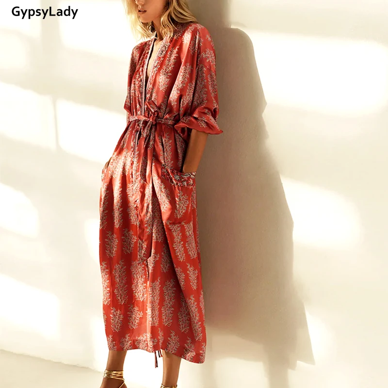 Pouvez-vous psyLady-Cardigan à fleurs vintage rouge pour filles, kimono à manches longues, chemisiers Boho ceinturés, poche de vacances, haut de couverture de bikini, automne