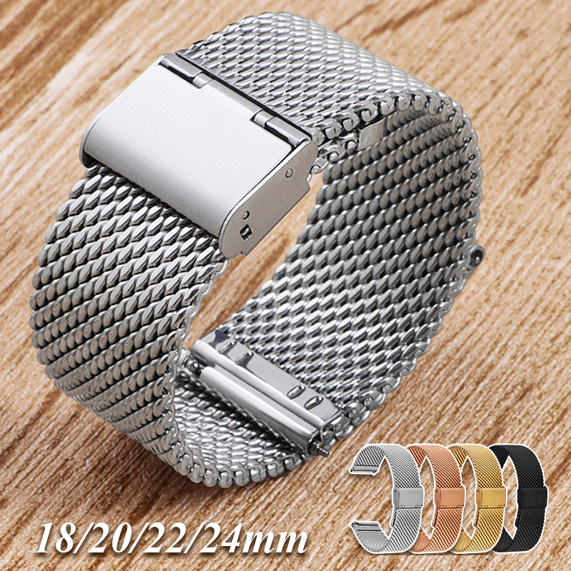 Pulseira Universal Milanesa para Relógio 18 20 22 24mm em Aço Inoxidável Prata Dourada com Fecho Rápido para Relógio DW
