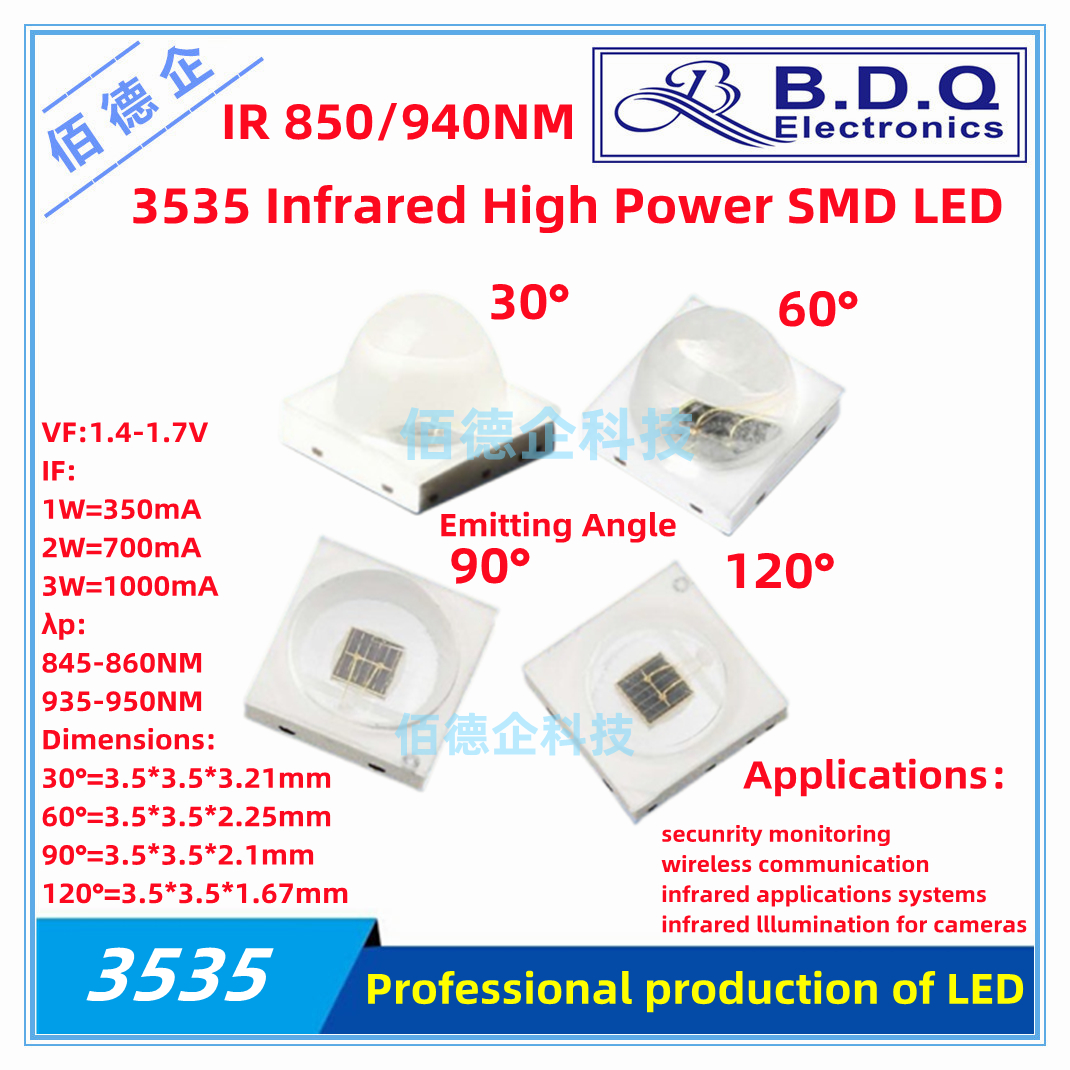 LED IR SMD de alta potencia, 3535, 1w, 2W, 3W, 30 °, 60 °, 90 °, 120 °, infrarrojo, 850nm, 940nm, 10 unidades