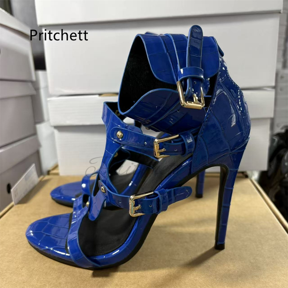 Sandales à talons hauts pour femmes, imprimé crocodile bleu, découpes, bout ouvert, en cuir verni, avec boucle de ceinture, sexy, pour l'été et les mariages
