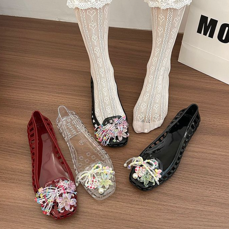 Dopamine Handcrafted Beaded Jelly Shoes Women's Summer Korean Flower Transparent Crystal Sandals Flats Woman Soft Soles Clogs