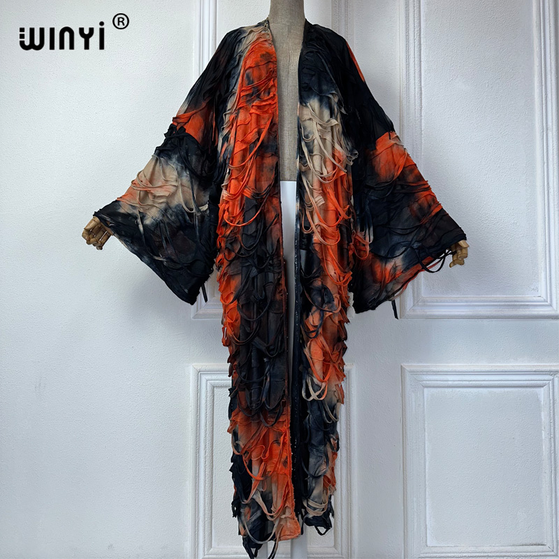 WINYI, kimono de verano, cárdigan teñido con lazo, elegante cárdigan para cubrir Bikini, traje de baño, trajes de playa para mujer, vestido caftán de moda