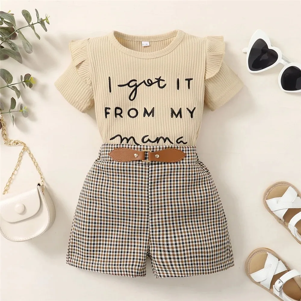 2 Stuks Peuter Baby Meisje Kleding Set Brief Print Korte Mouw Top + Geruite Shorts Mode Casual Pakken Voor Kinderen Meisje 1-6 Jaar
