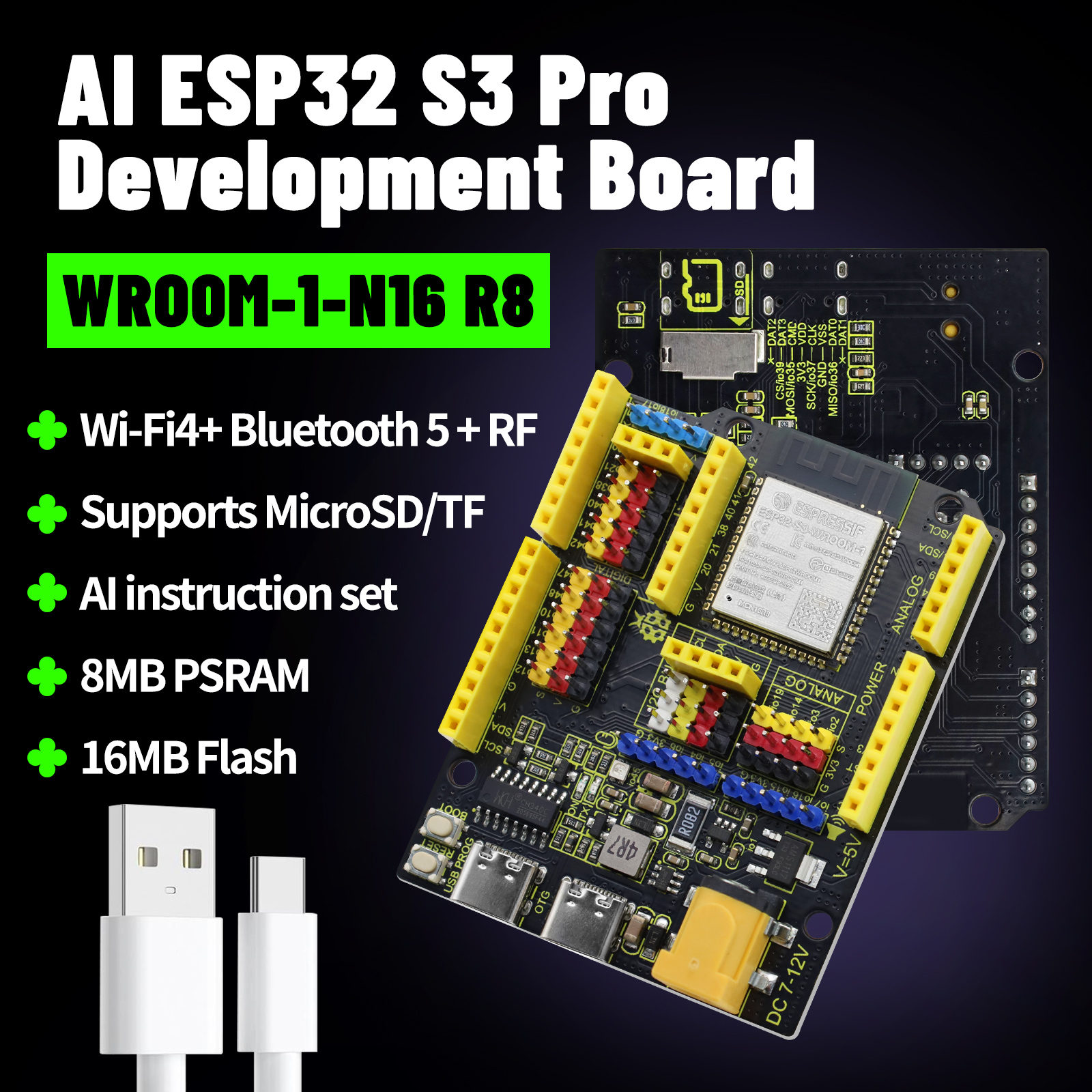Плата разработки Keyestudio ESP32 S3 Pro на базе модуля ESP32-S3-WROOM N16R8 с USB Type-C для программирования в Arduino IDE