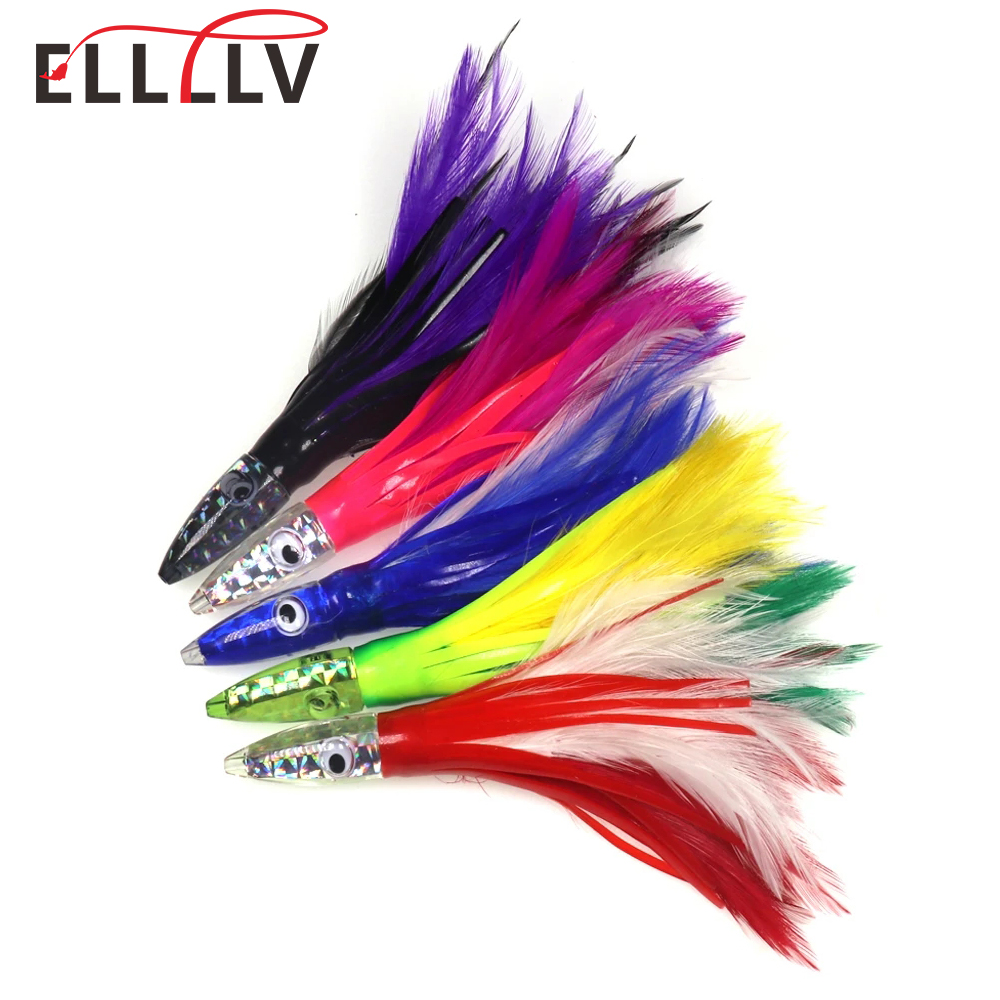 14cm/30g Acryl Harz Kopf Octopus Feder Rock Locken Gewichteten Meer Angeln Big Trolling Jig Köder für thunfisch Wahoo Angeln 5 Farbe