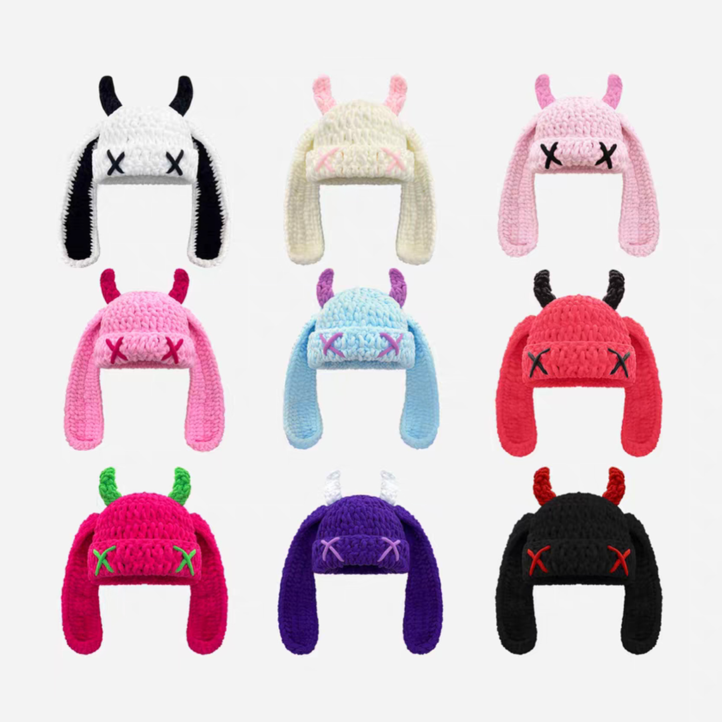 Topi Rajut Telinga Panjang Setan Kecil yang Lucu dan Imut, Topi Tanduk Sapi Buatan Tangan untuk Kehangatan Musim Gugur dan Musim Dingin, Pelindung Telinga