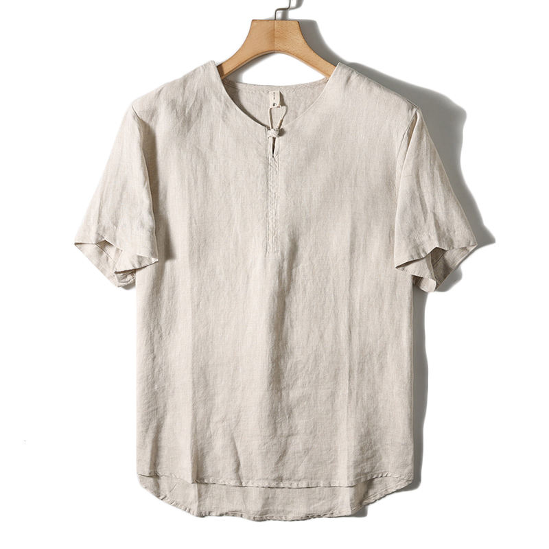 T-shirt 100% Lino, Moda Outdoor, Chiusura con Bottoni Retrò, Ampia e Traspirante, Comoda, T-shirt Casual a Maniche Corte da Uomo