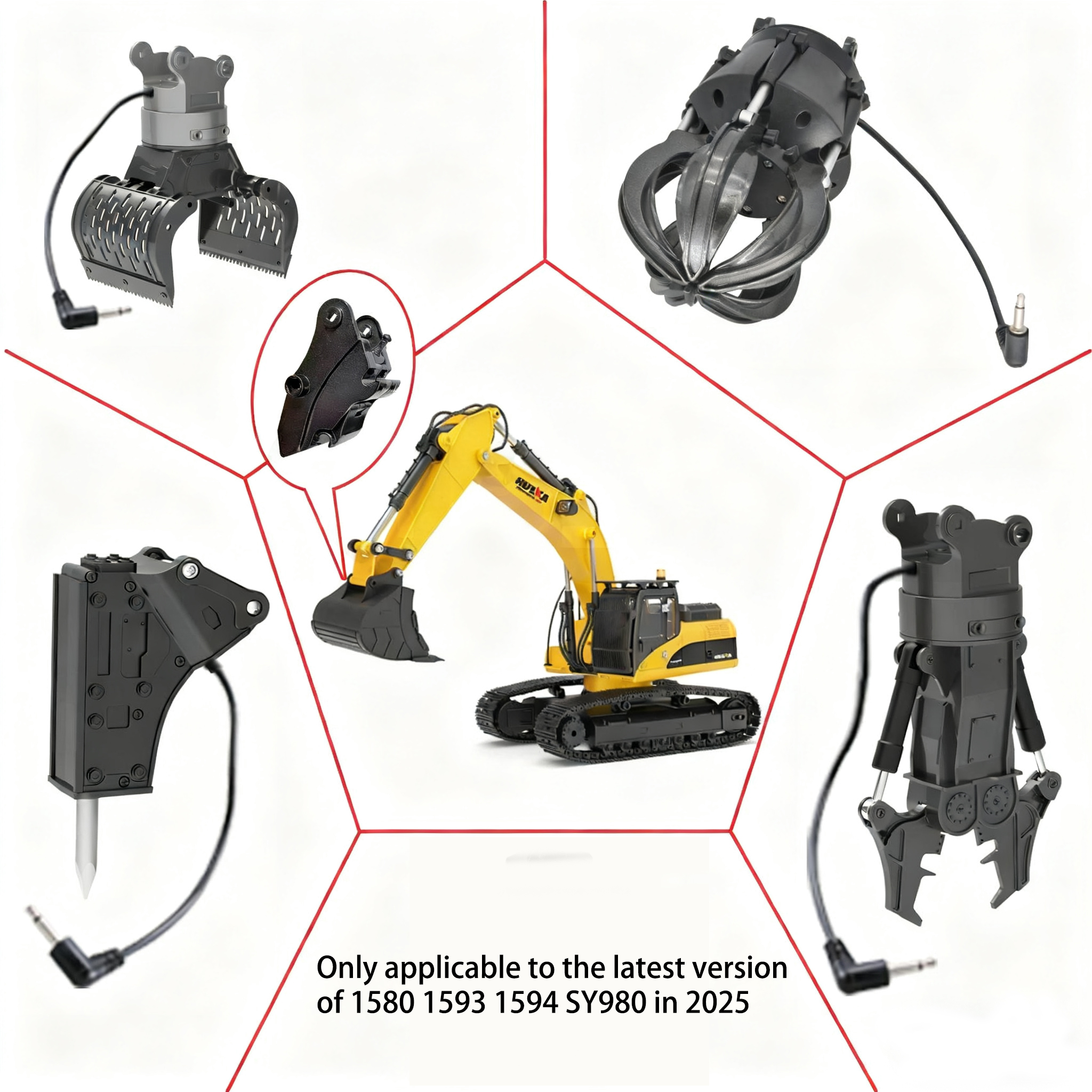 Accessoires pour excavatrice RC Huina 1580 580 1593 593 1594 originaux 2026, pièces supplémentaires, poignée de forage en alliage, pince en bois et plastique, contrôleur