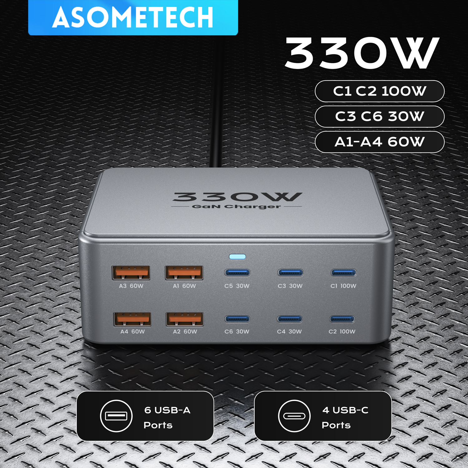 ‌ Ładowarka GaN 330W z 10 portami USB C PD3.0 PPS QC3.0, szybka ładowarka biurkowa do telefonu, laptopa, iPhone'a 17 16, Samsunga, Macbooka, tabletu
