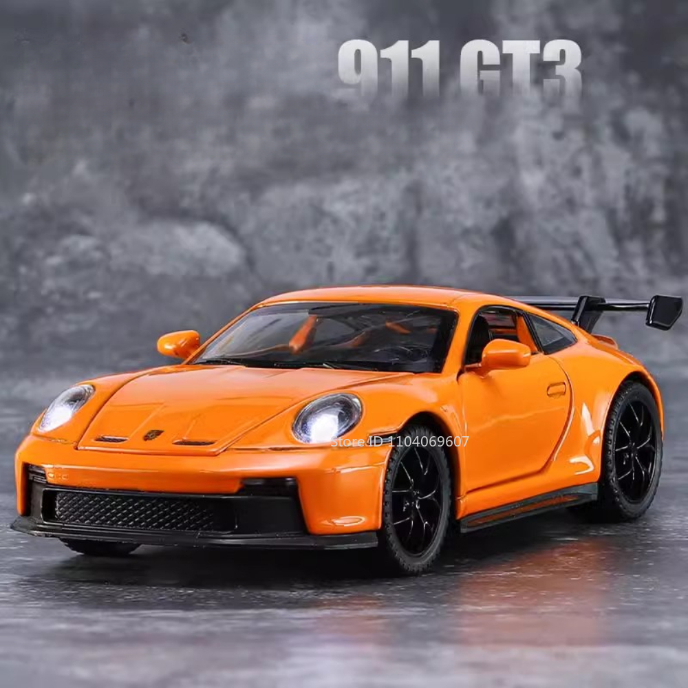 Metal Diecast Toy Model Cars for Boys, Abertura de 4 Portas, Luz de Som Aberta, Decoração para Casa Veículo, Brinquedos Presentes, 911 GT3, Escala 1:32