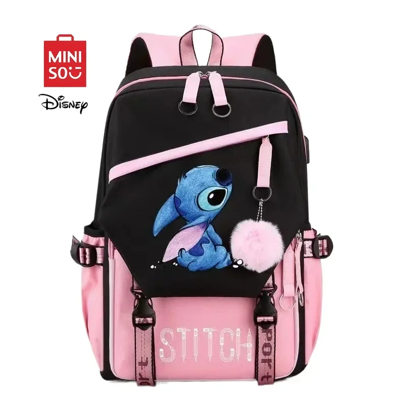 MINISO Disney 2025 nueva serie lindo Stitch Casual bolsa de carga USB estudiantes de gran capacidad cremallera de moda mochila de alta calidad