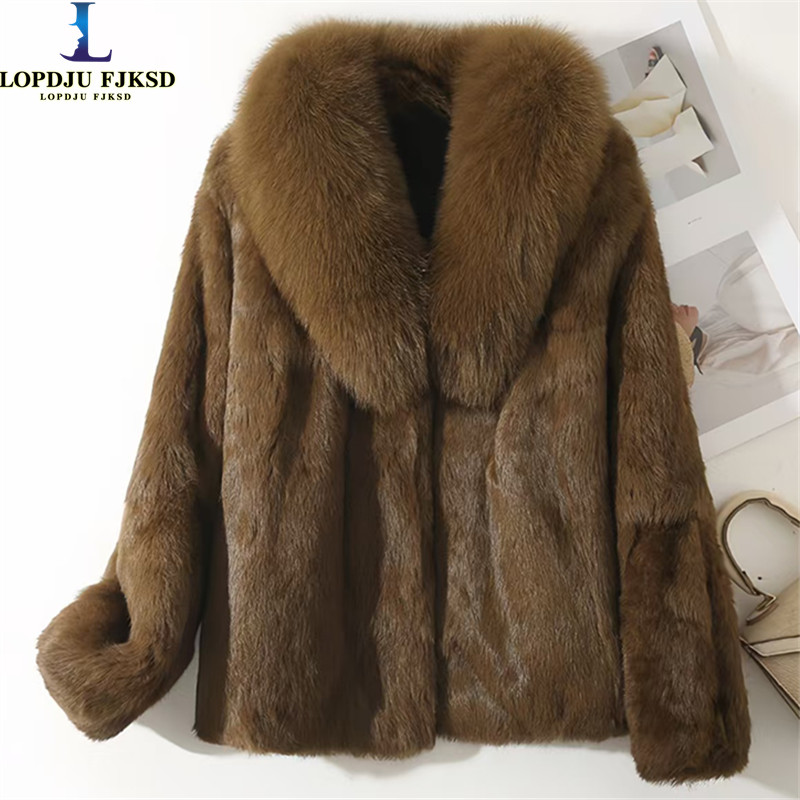 Casaco de pele de coelho rex real para mulheres, outono inverno jaqueta curta grosso quente novo gola de pele de raposa elegante feminino quente outerwear