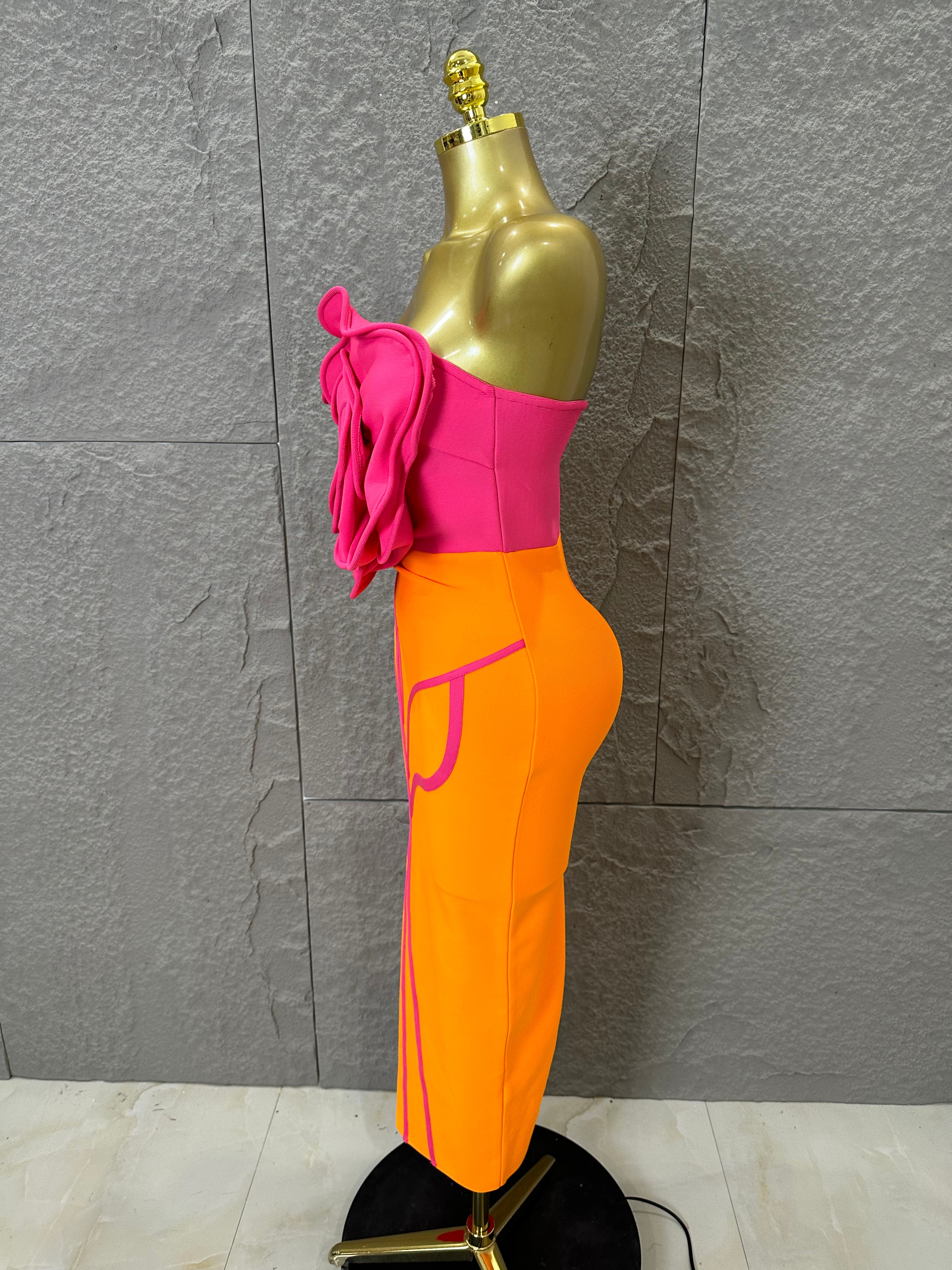Elegante oranje roze strapless bodycon midi-jurk dames sexy 3D bloemenapplicatie outfit date night feestkostuum