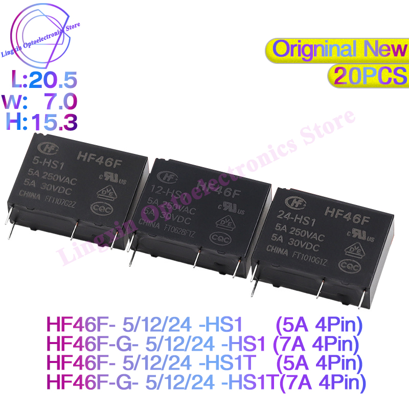 20szt/lot HF46F -G- 5/12/24 -HS1 -HS1T 7A 5A 4Pin 250VAC 30VDC DC 5V 12V 24V Przekaźniki mocy HF46F-12-HS1 HF46F-G-24-HS1T Oryginalne