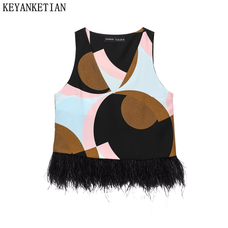 KEYANKETIAN été nouveau femmes plume embelli col en v imprimé haut sans manches gilet décontracté rétro poney Clip