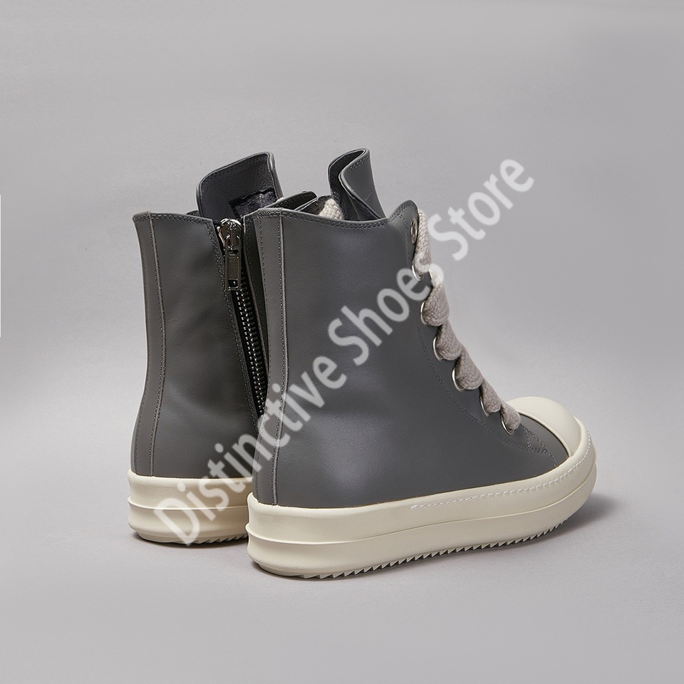 Luxe hoge dames- en herenschoenen, merk Jumbo, veter sneakers van hoogwaardig grijs leer, casual, dikke zool, zijrits, streetstyle, platte zool.