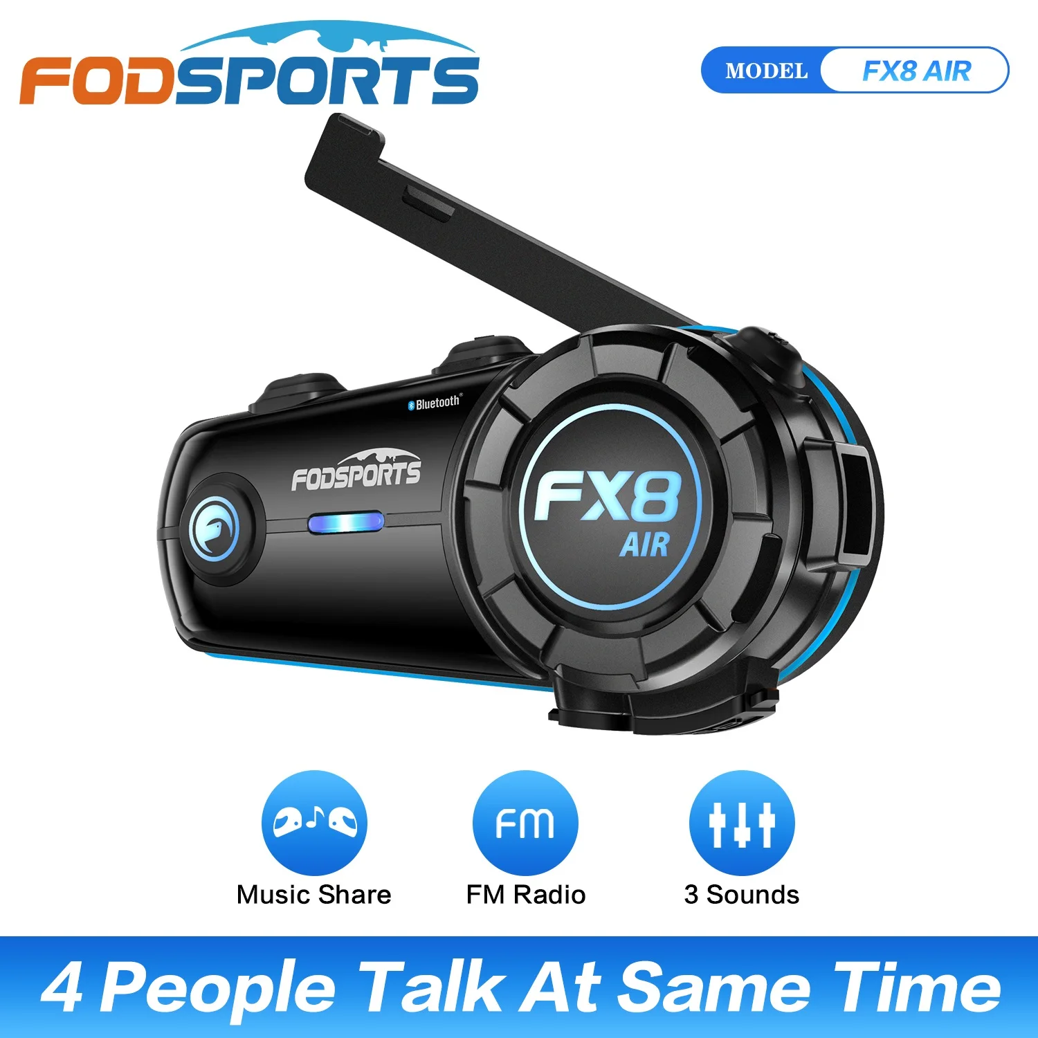 Fodsports FX8 AIR motorfiets-intercom Bluetooth motorhelm-headset, 4 rijders 1000M.
