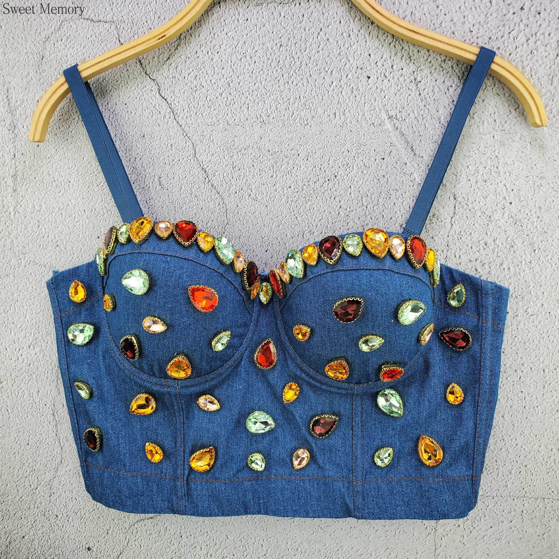 J673 Dropship Beautiful Bras For Girls Women Clothes Sweet Memory Nail Bead Gemstone Denim Crop Top, Colorful Camisole Tops