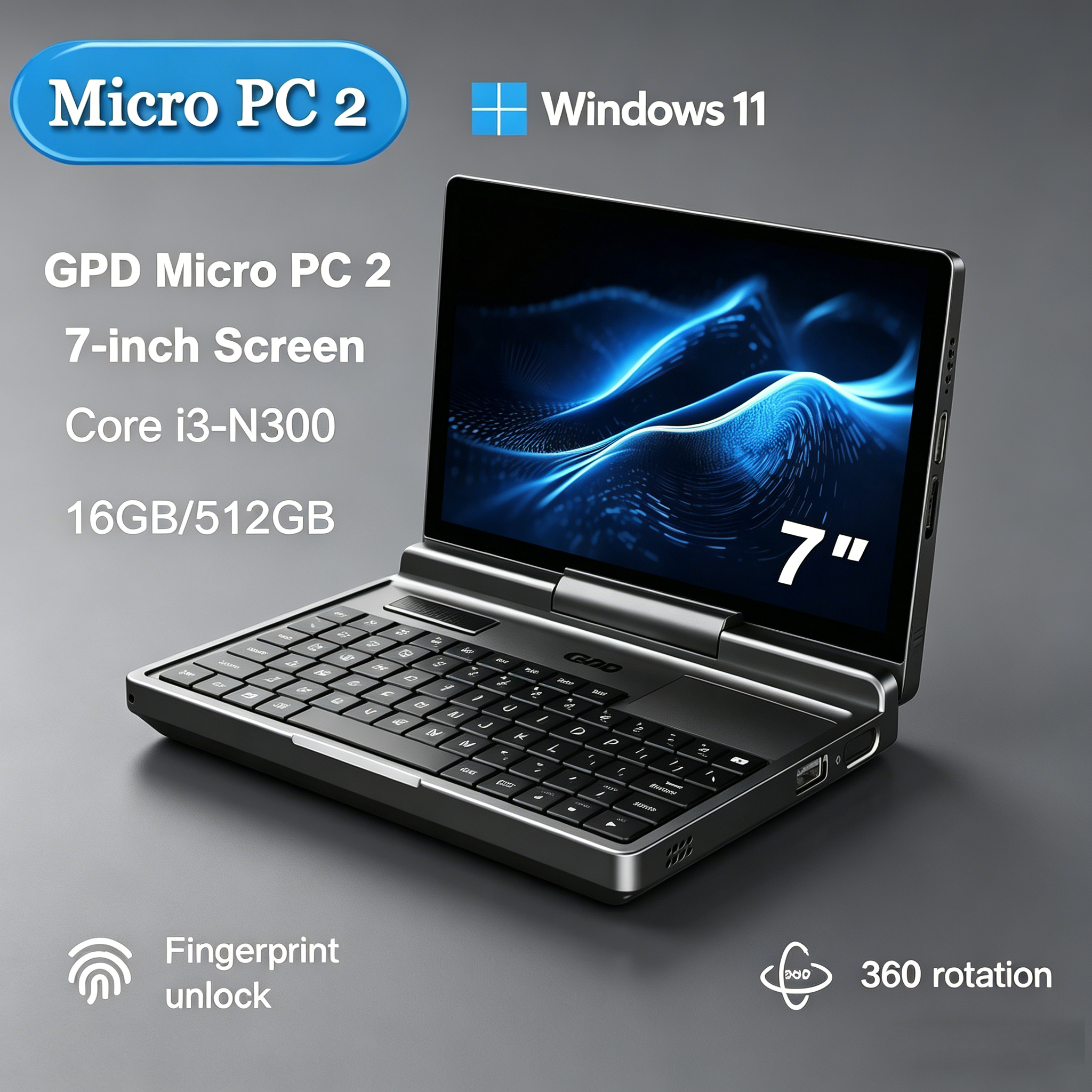 Ignite GPD Micro PC 2: 7インチタッチスクリーン、16GB RAM、512GB SSD、N300 CPU、Windows 11搭載。サベージのようなパームサイズのミニラップトップ。