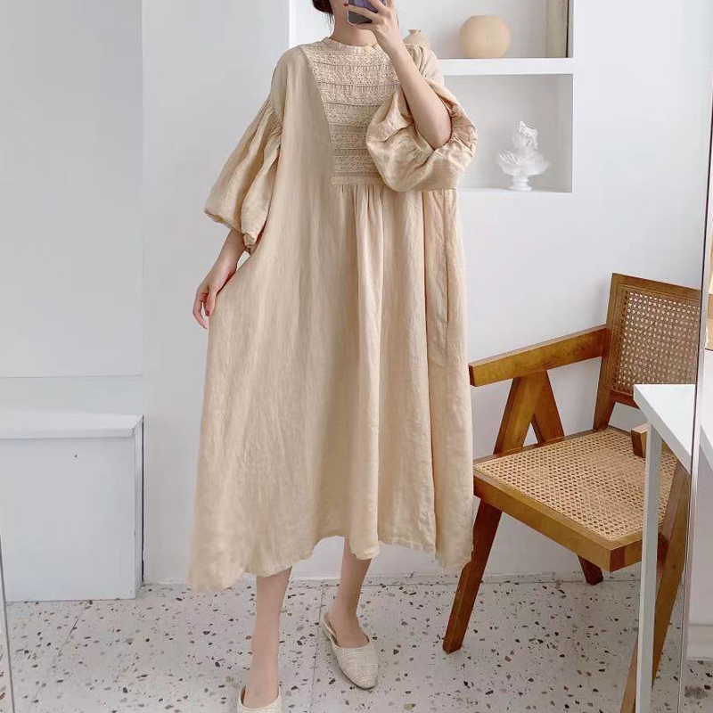 Johnature Nieuwe Vintage Patchwork Kant Linnen Jurken Voor Vrouwen Zomer Losse Lantaarnmouwen Effen Kleur Vrouwelijke Jurk