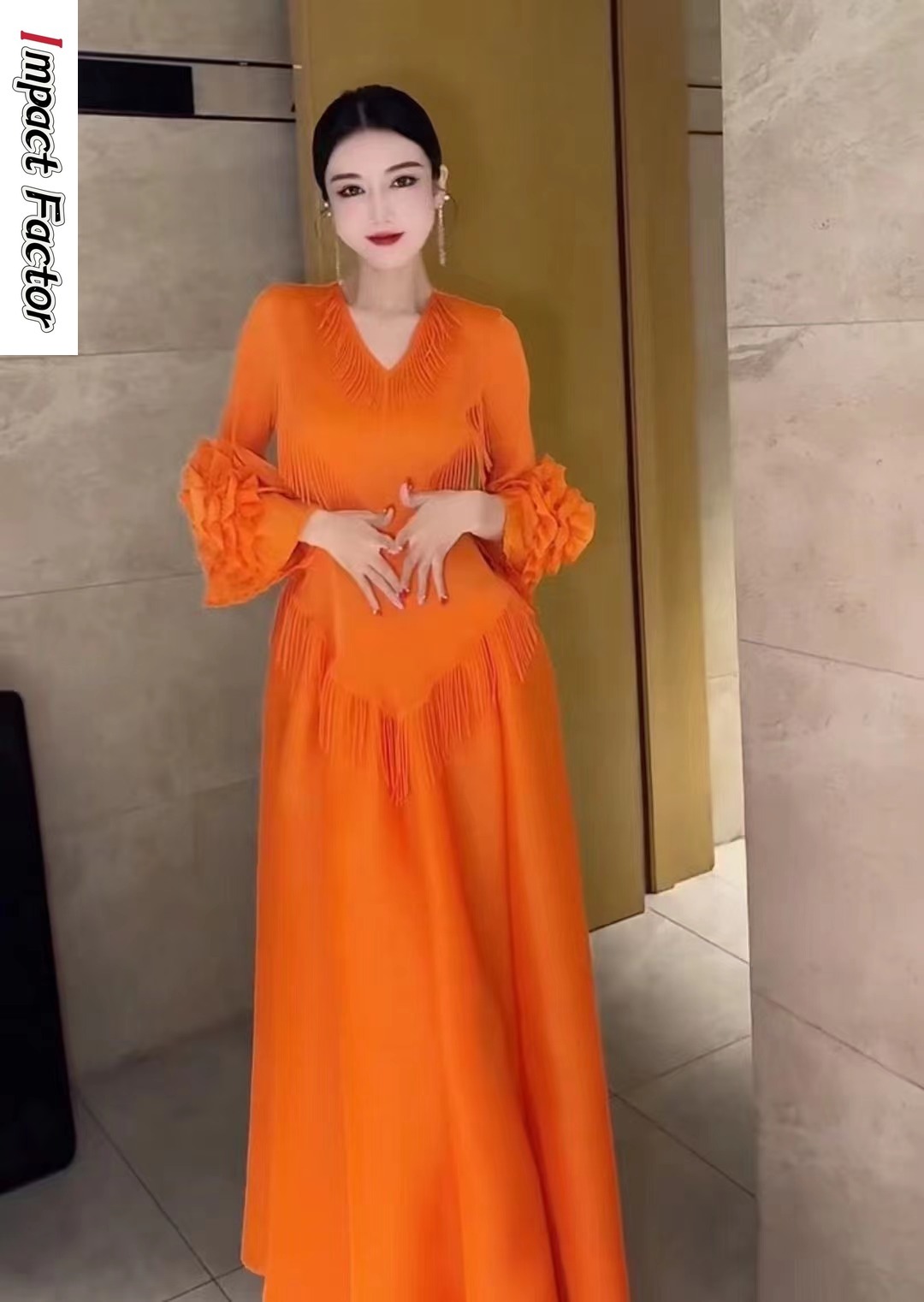 Vestido francés plisado para mujer, prenda acampanada de manga larga con cuello en V y borlas, talla única, 2024