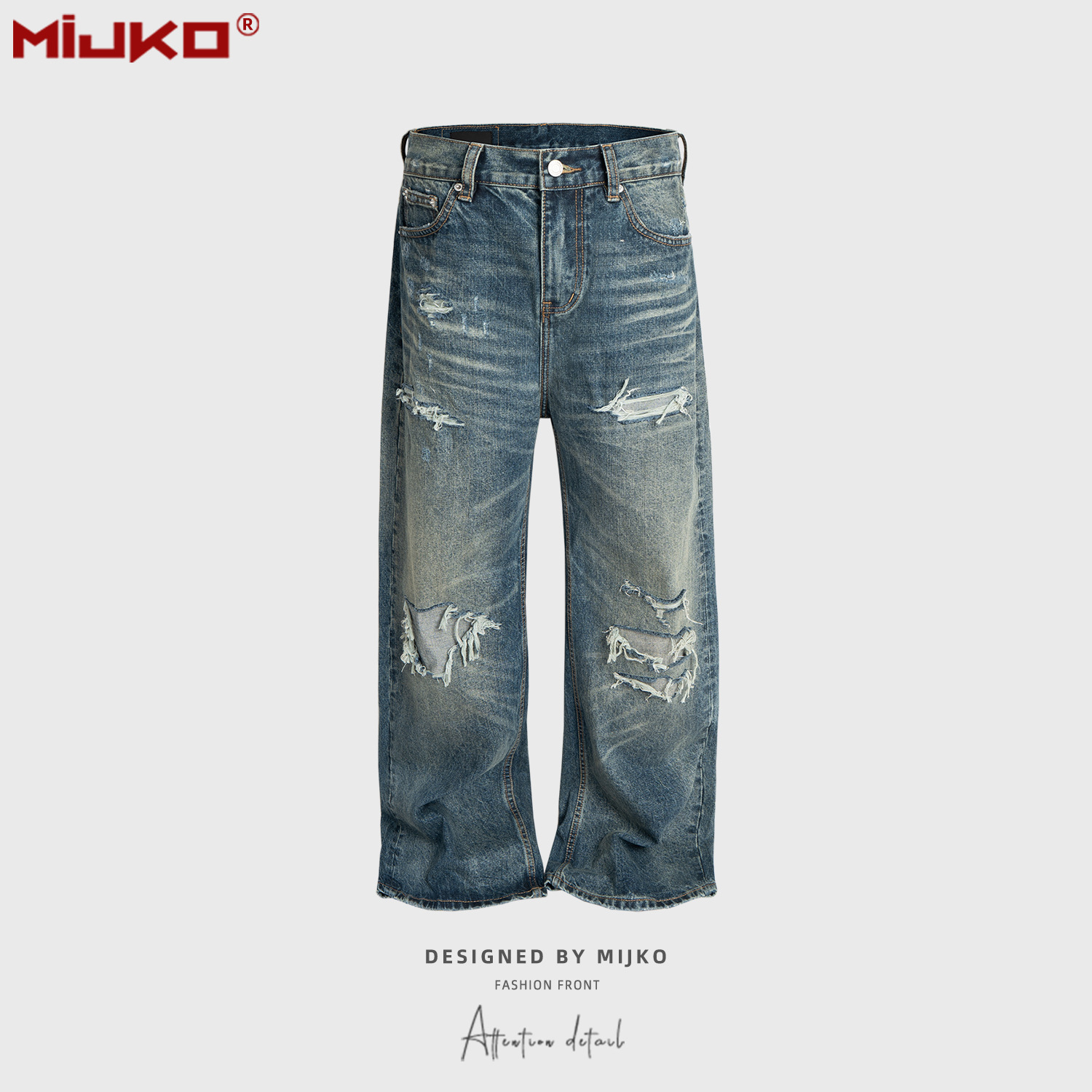 Unisex retro gewassen verouderde gescheurde rechte pijp blauwe jeans gescheurd gat Z029 #