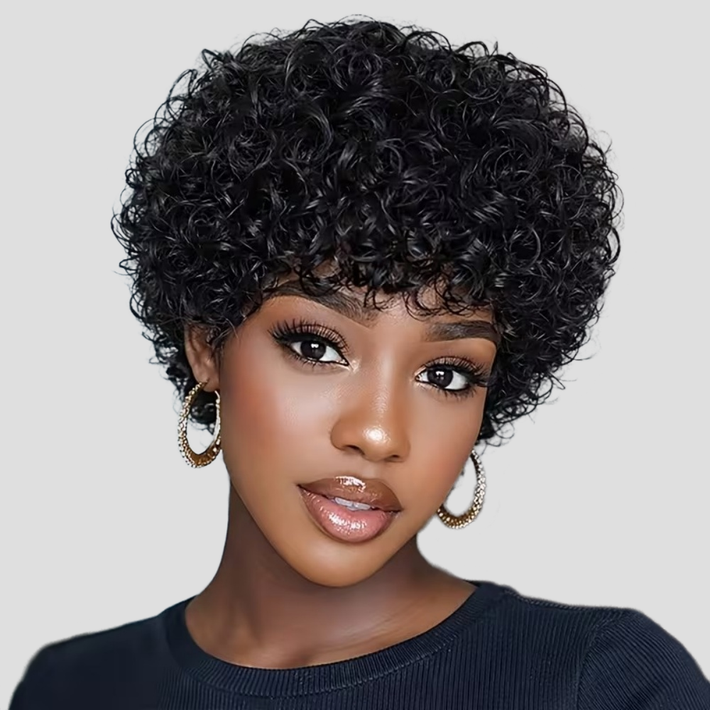Peruka Jerry Curly Bob z naturalnych włosów, peruki z falowanymi włosami dla czarnoskórych kobiet, 8-calowa krótka peruka pixie afro kinky curly z grzywką.