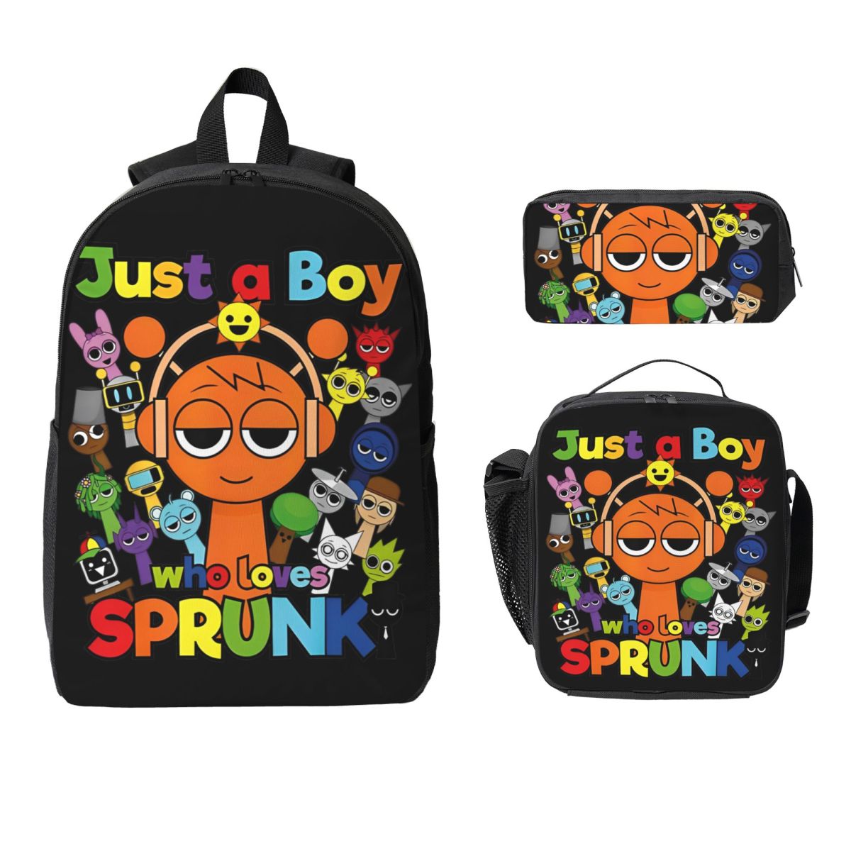 Sprunki Just A Boy  Backpack Lunch Box Pencil Boxes for Boys Girls Preschool Backpacks Kawaii Schoolbag Bookbag Set