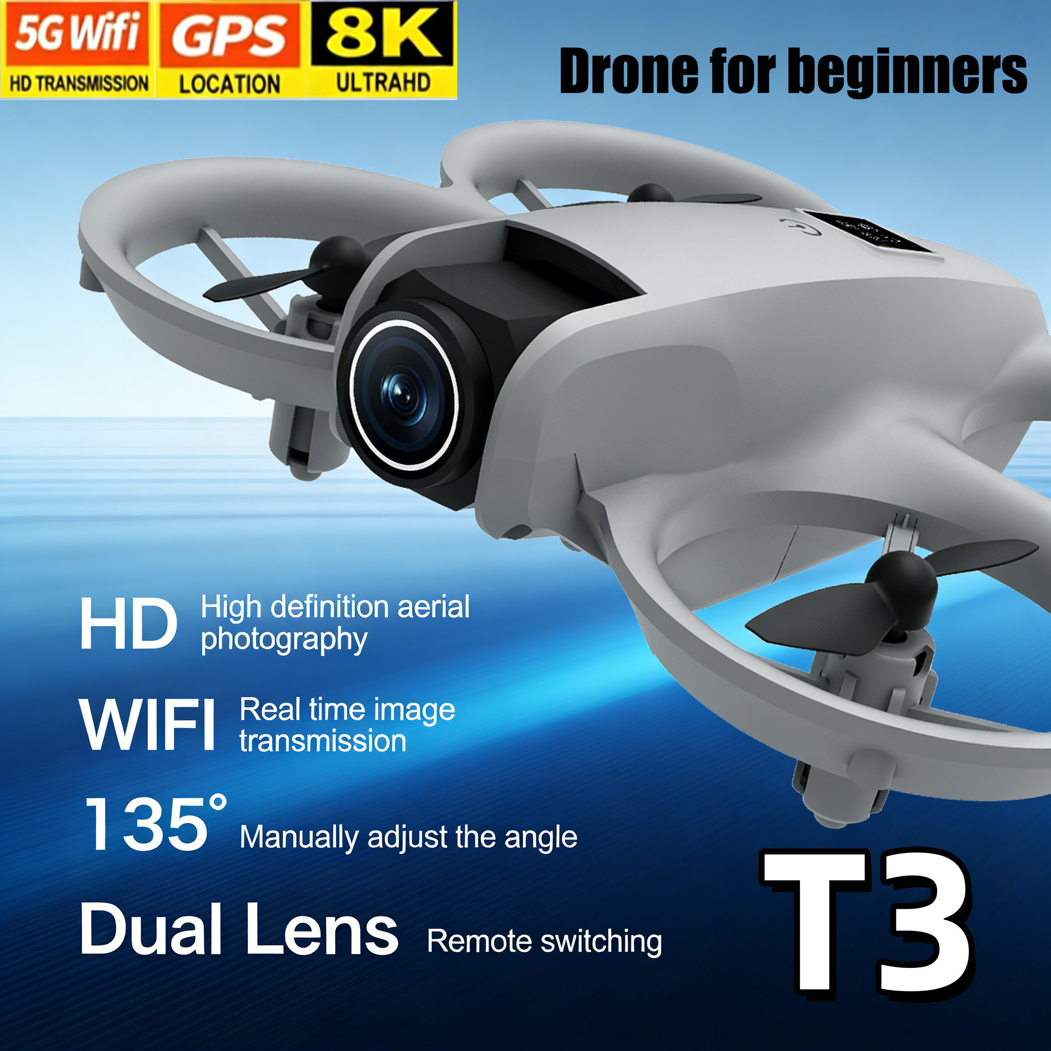 โดรนระดับมืออาชีพ HD 8K พร้อมกล้อง GPS -T3 มินิโดรนพับได้ FPV ควอดคอปเตอร์ 5G WiFi กลับอัตโนมัติ หลบหลีกสิ่งกีดขวาง ของเล่นเครื่องบินบังคับวิทยุ