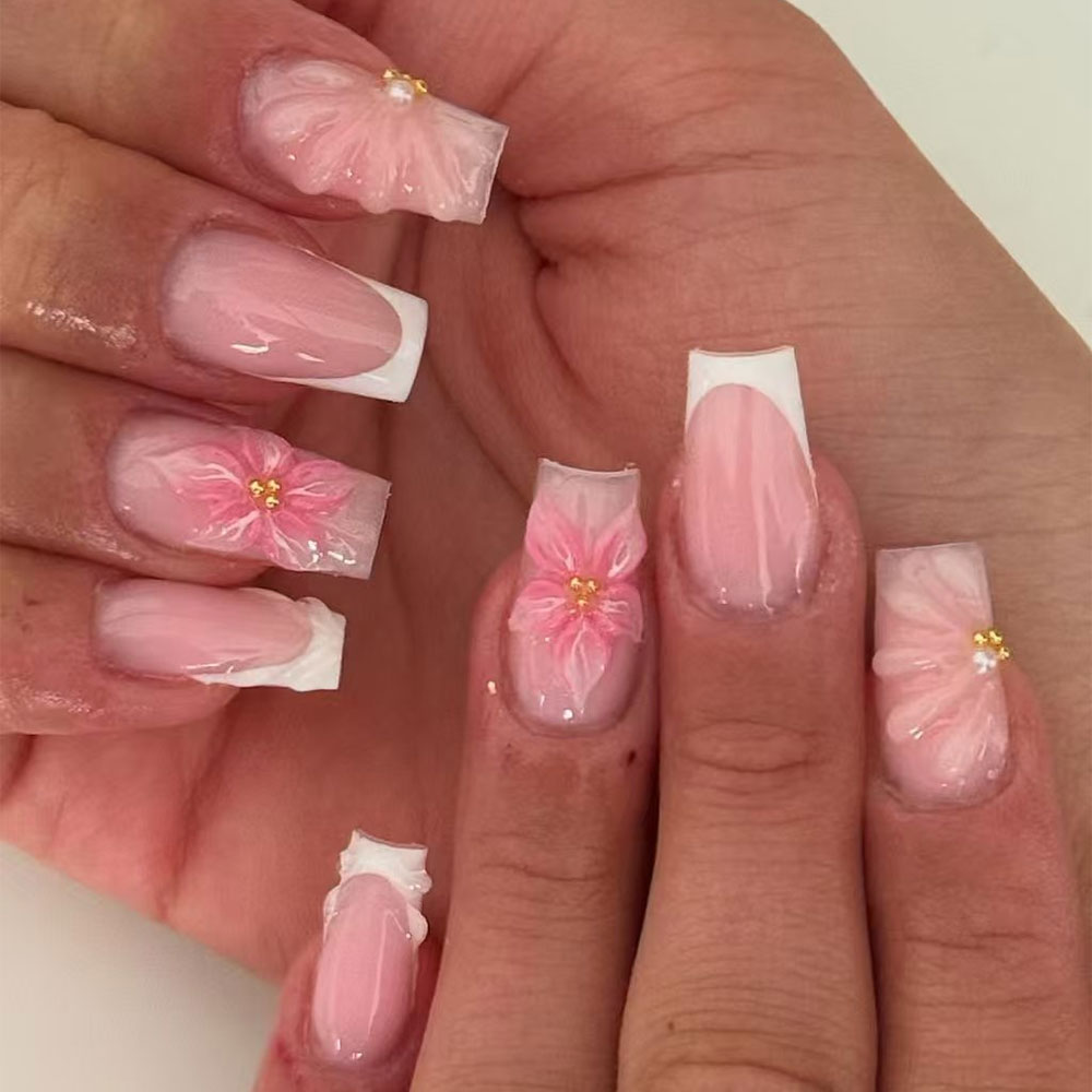 24Pcs Long Square 3D Three-Dimensional Gelnail Makes Flower Nails With Pearl Decorate Design White French Acrylic Press On Nails