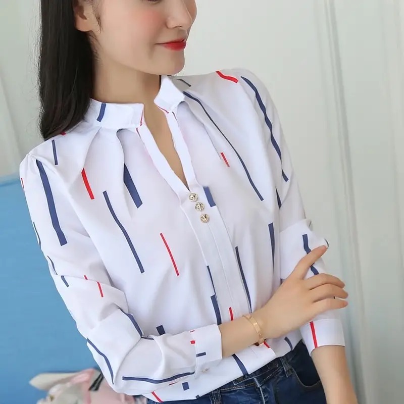 Mulheres blusas brancas moda listra impressão casual manga longa senhora do escritório ol camisas finas df4970