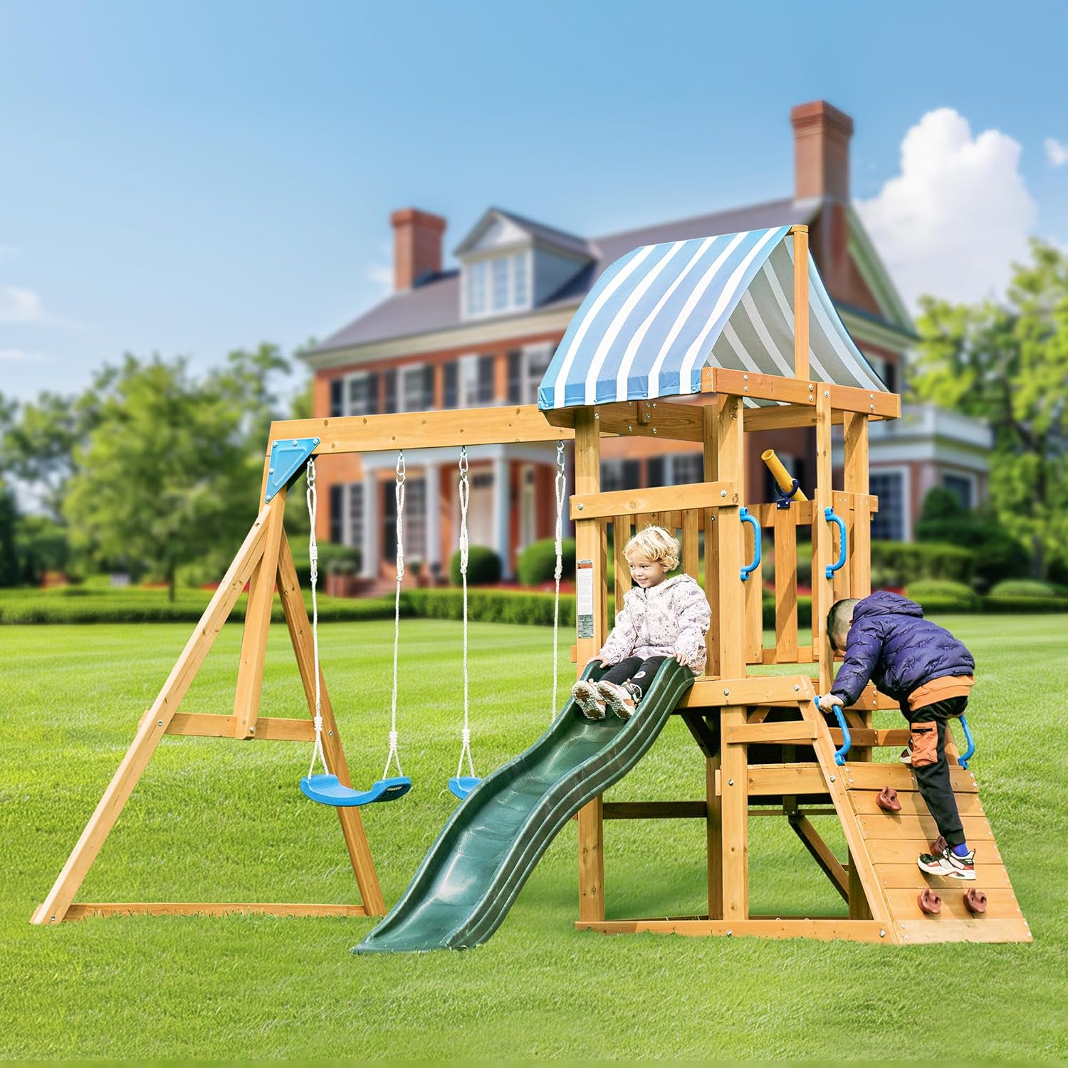 Robotime Robud ไม้ Swing ชุด Dual ชิงช้าสไลด์ Rock Climbing Wall Chalkboard กล้องโทรทรรศน์ Fort สําหรับ Backyard สนุกสําหรับเด็ก