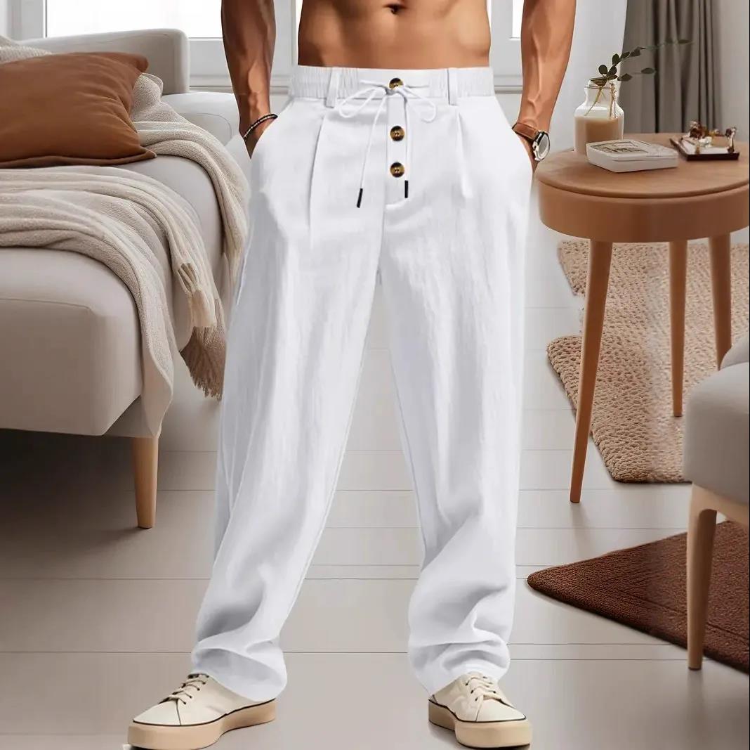 Neue Herrenhose aus Baumwolle und Leinen, Lässige Atmungsaktive Hose, Modische Street-Sport-Hose, Strand- und Outdoor-Loose-Fit-Hose