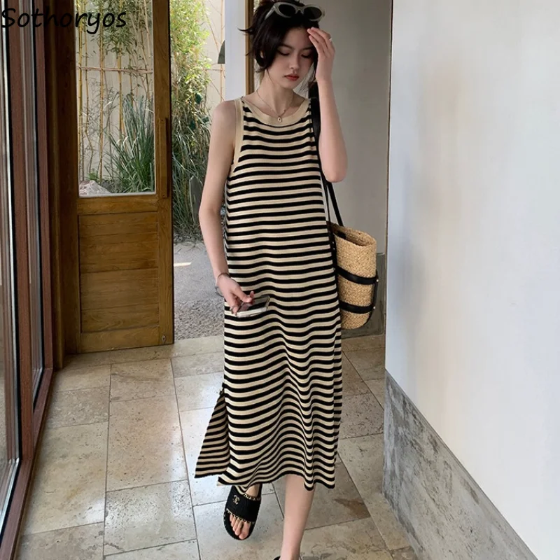 Vestidos femininos listrado básico vintage all-match senhoras sedutor estilo coreano casual concurso estética simples adorável diário aconchegante