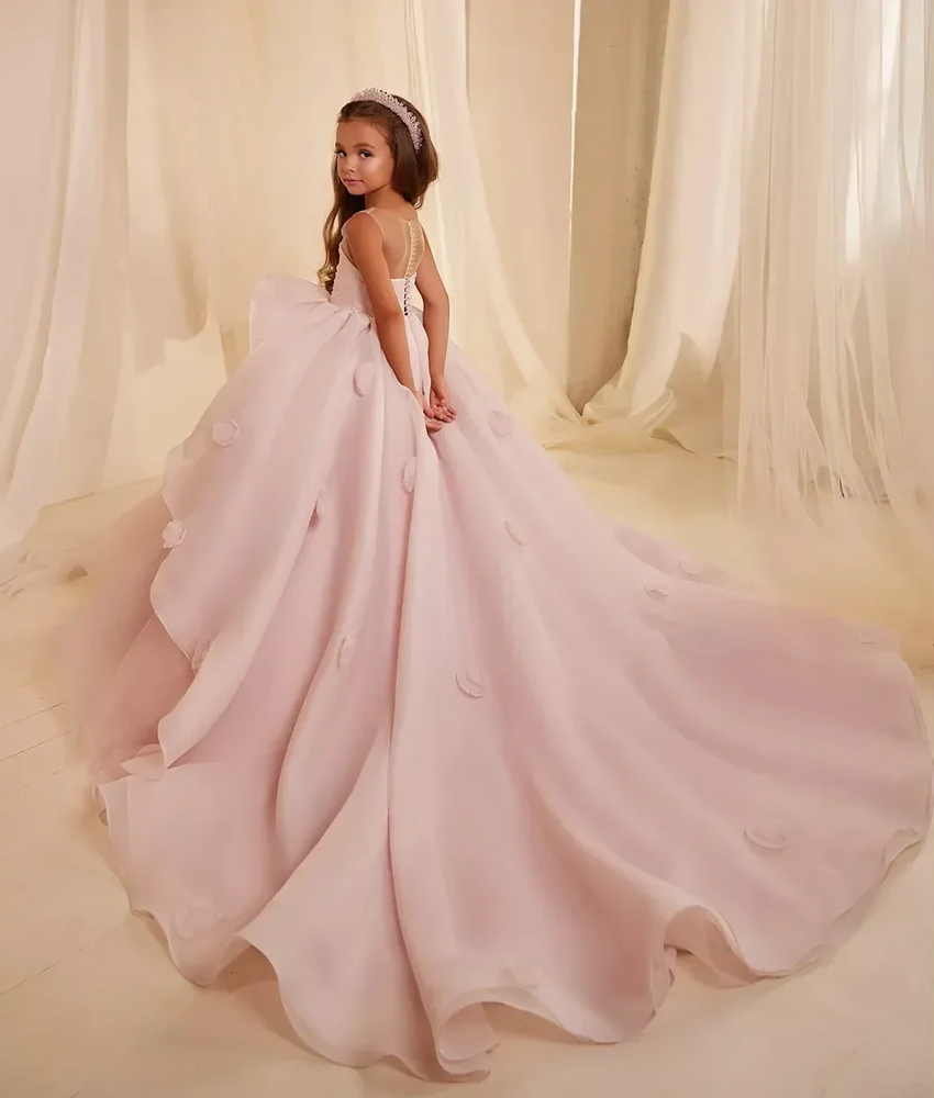 Elegante bloemenmeisjesjurk voor bruiloft Roze 3D bloemen tule gezwollen mouwloos kind eerste prinses eucharistie verjaardagsfeestje jurk