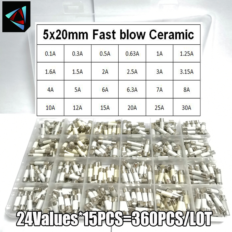 360 pçs/caixa 24 valores 5*20mm fusível cerâmico de sopro rápido 250v 0.1a 0.25a 0.5a 1a 1.5a 2a 2.5a 3a 3.15a 4a 5a 6a 6.3a 8a 10a 15a 16a