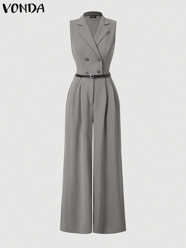 VONDA Frauen Overalls 2024, ärmellose Playsuits, elegante einfarbige Strampler, lässiger Reverskragen, weites Bein, Übergröße