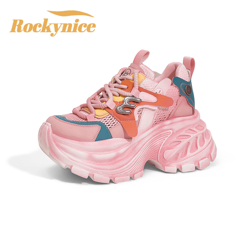 Tênis Feminino Chunky de 10CM com Salto, Cores Mistas, Novo, Respirável, de Verão, em Couro Sintético e Malha, Estilo Esportivo Dad Shoes