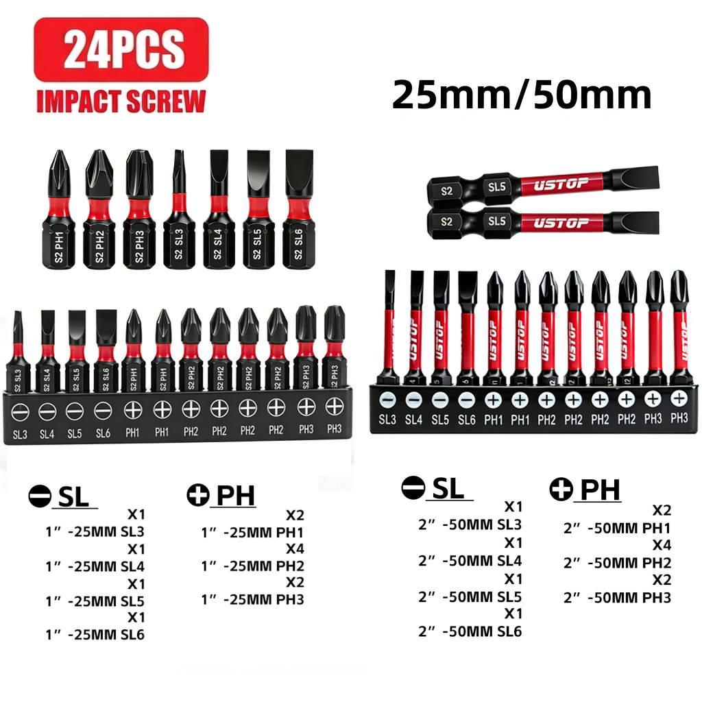 Ustop, juego de 12/24 piezas de puntas de destornillador de impacto SL y PH, PH2/1/3, SL3/4/5/6, versiones largas y cortas de 25 mm/50 mm, adecuadas para varios escenarios, puntas magnéticas, material de acero S2, compatibles con taladros y destornillador