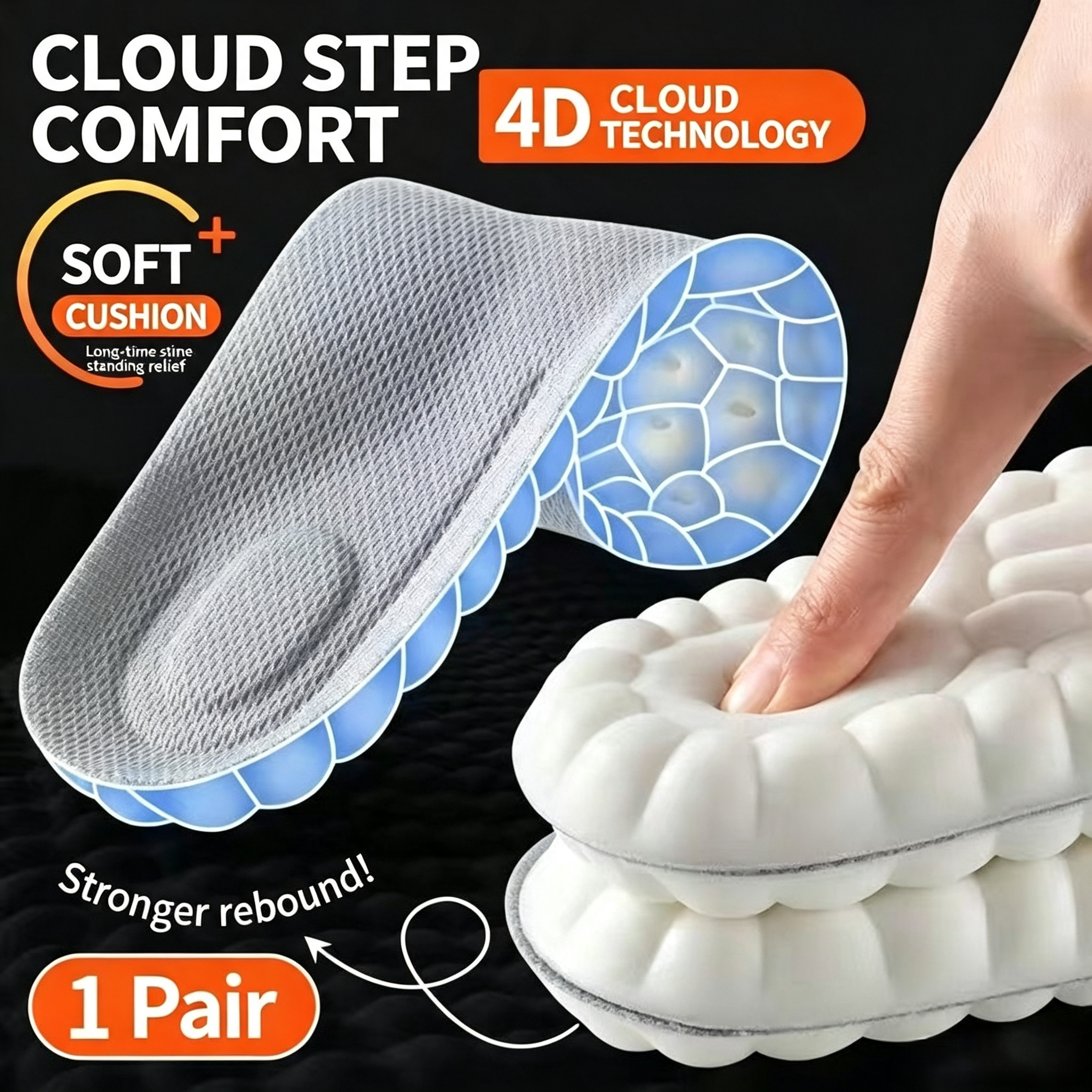 4D Cloud Air Cushion Insoles: Memory Foam Comfort + Acupressure Massage, Sweat-Absorbent Design