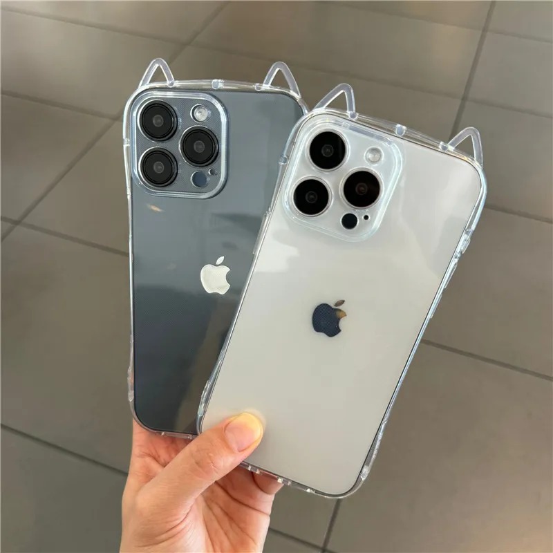 Cute Cat 3D Ears Transparent Phone Case For iPhone 17 Pro Max 17Air 16 15 13 11 12 14 Plus XSMax Soft Clear TPU Back Cover Shell