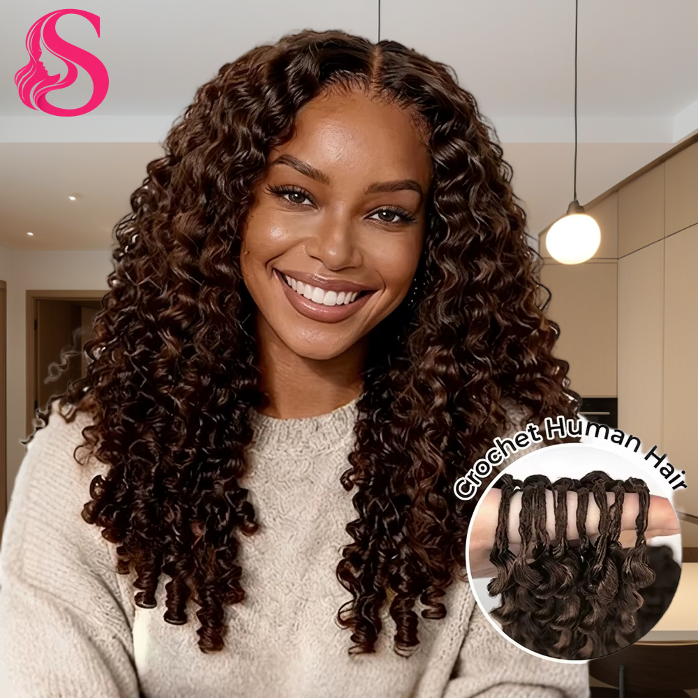 Cabelo Humano Cacheado Profundo Marrom Chocolate Smilegirl para Tranças, Ondulado, Sem Nós, Pré-Separado, Extensões de Cabelo Humano Invisíveis para Crochê