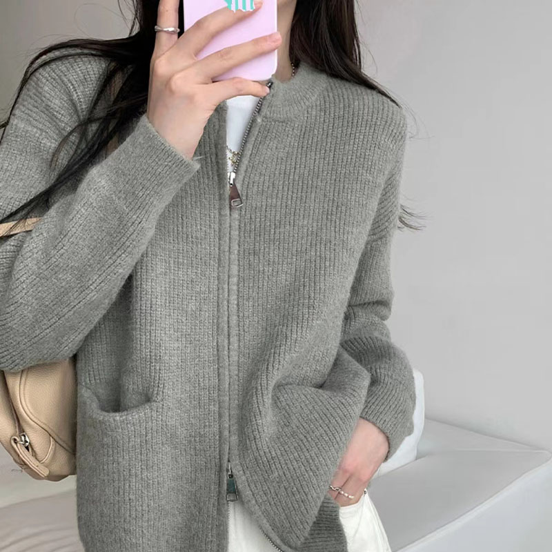 Moda feminina duplo zíper cardigan lã merino o pescoço camisola de malha outono inverno feminino cor sólida casaco casual macio topos
