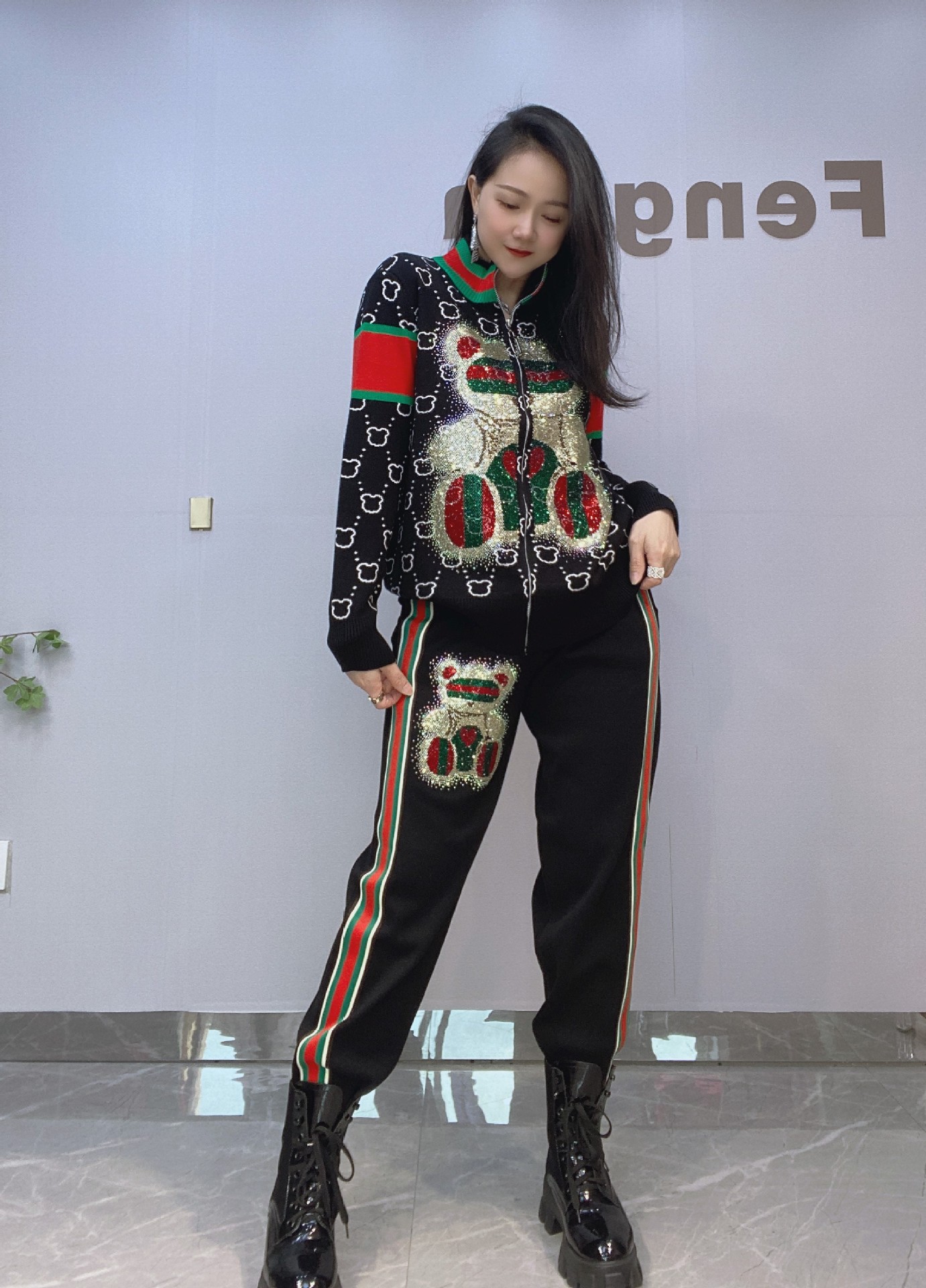 Mode Beer Diamanten Zijstreep Broek Sets Vrouwen Herfst Trainingspak Rits Trui Losse Casual Tweedelige Sets Womens Outifits