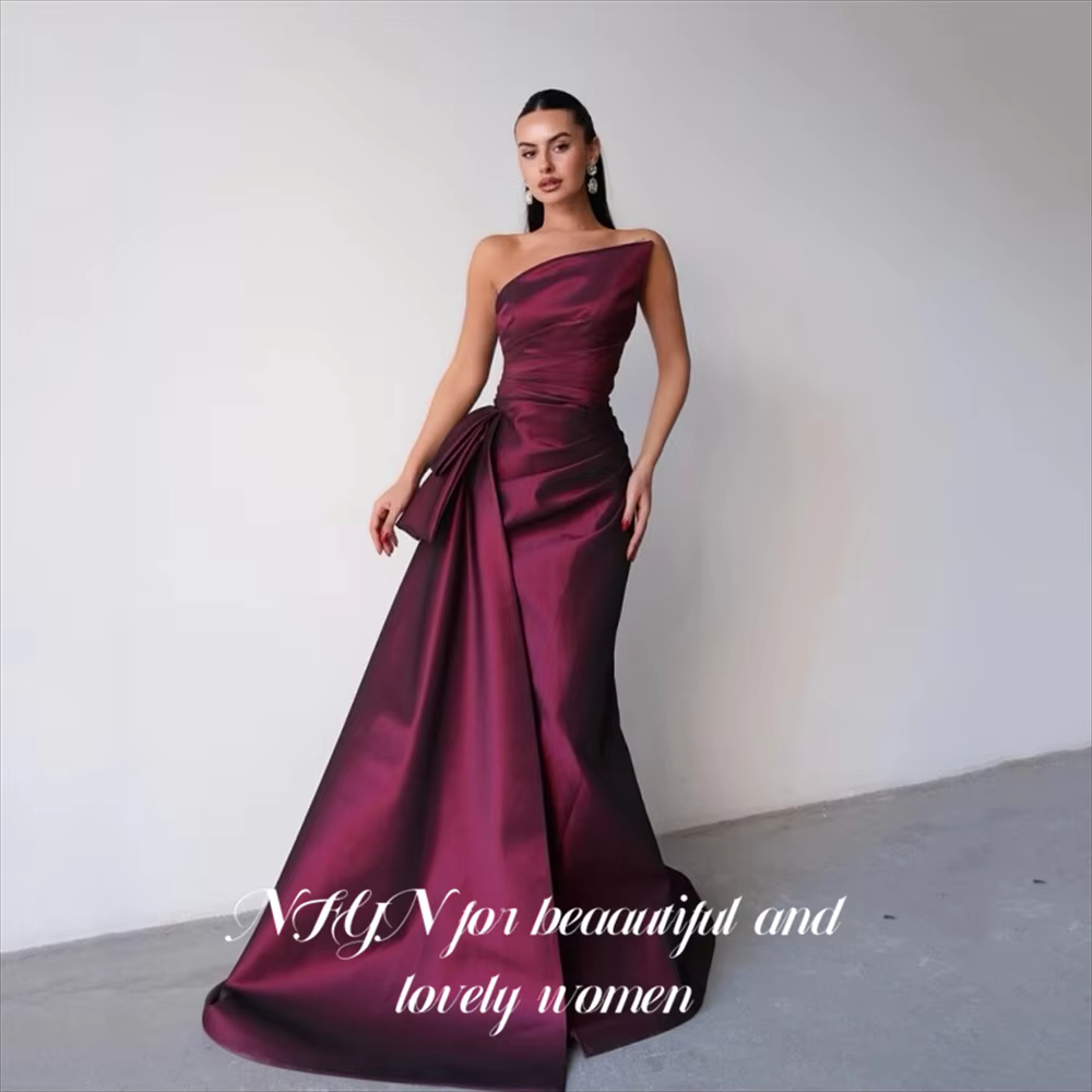 NFYN Burgundy Evening Dress Satin Mermaid Prom Dresses Draped Party Formal Gown Sleeveless robe de bal for Woman Customized