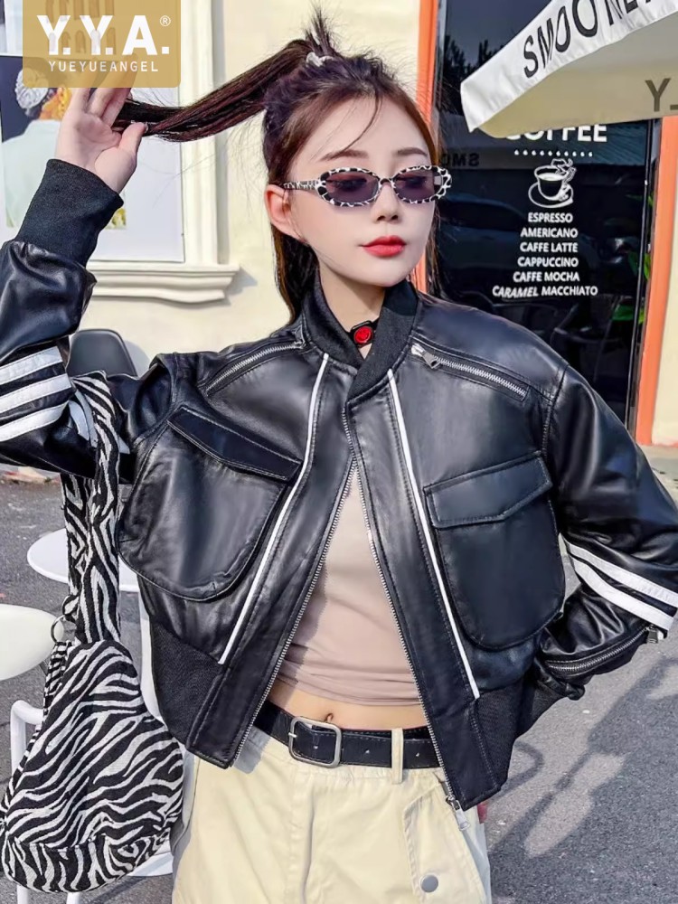 Chaqueta Bomber de cuero genuino para mujer, abrigo corto de carga con cuello levantado, ropa de abrigo Punk con cremallera, chaquetas de piel de oveja para motocicleta, novedad