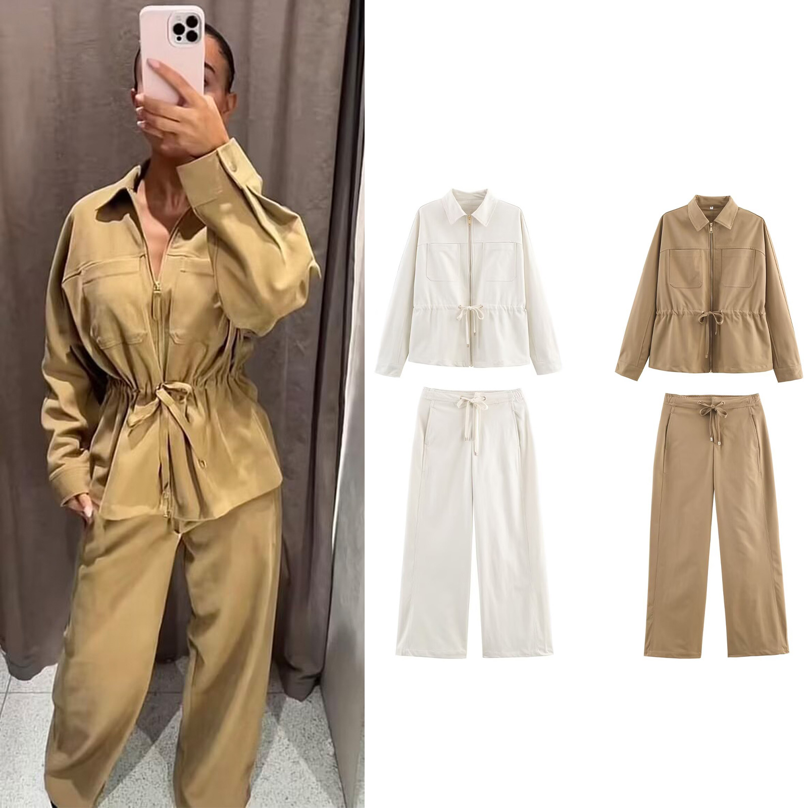 Setelan Celana Kasual Wanita HH, Jaket Bomber Lengan Panjang Polos dengan Ritsleting + Celana Tali Serut, Busana Musim Gugur Gaya Safari, Warna Khaki